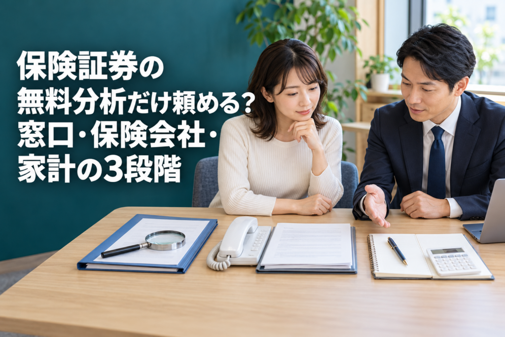 保険証券の無料分析で窓口・保険会社・家計の3段階を確認するイメージ